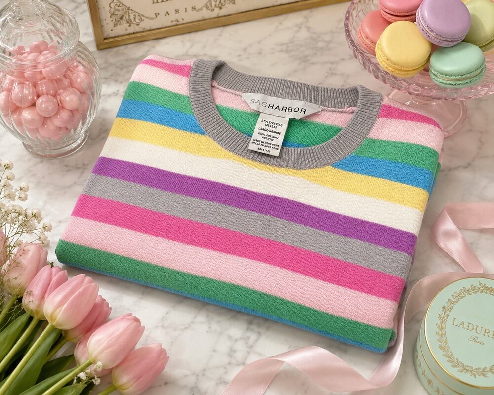 Sag Harbor Pastel Rainbow Striped Crew Neck Sweater Women's Large
